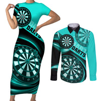 Personalised Darts Couples Matching Short Sleeve Bodycon Dress and Long Sleeve Button Shirts Turquoise Abstract Light - Wonder Print Shop