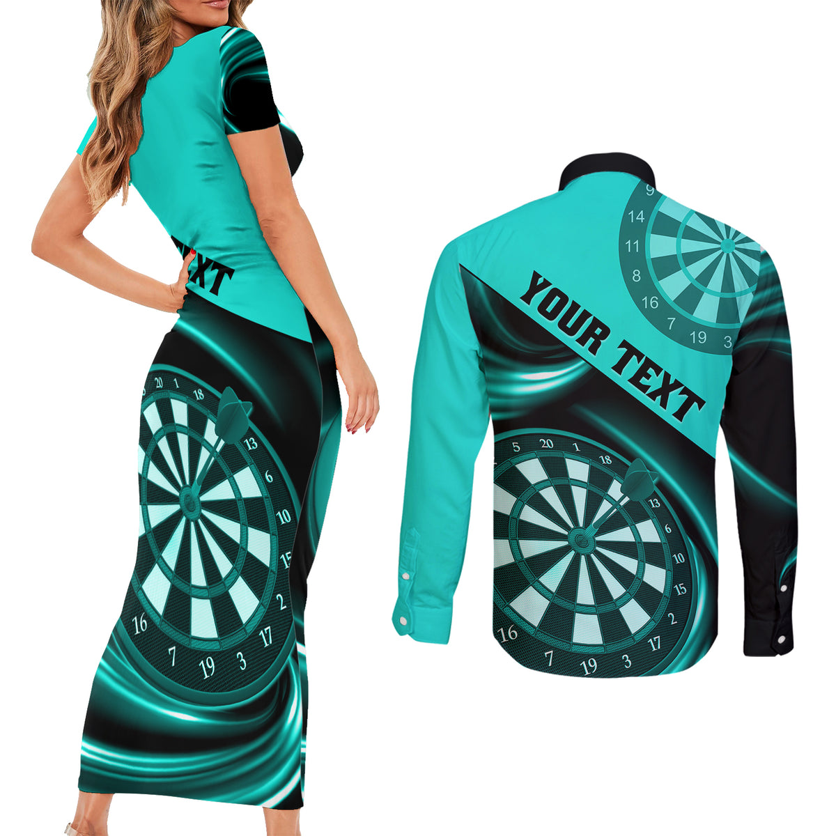 Personalised Darts Couples Matching Short Sleeve Bodycon Dress and Long Sleeve Button Shirts Turquoise Abstract Light - Wonder Print Shop