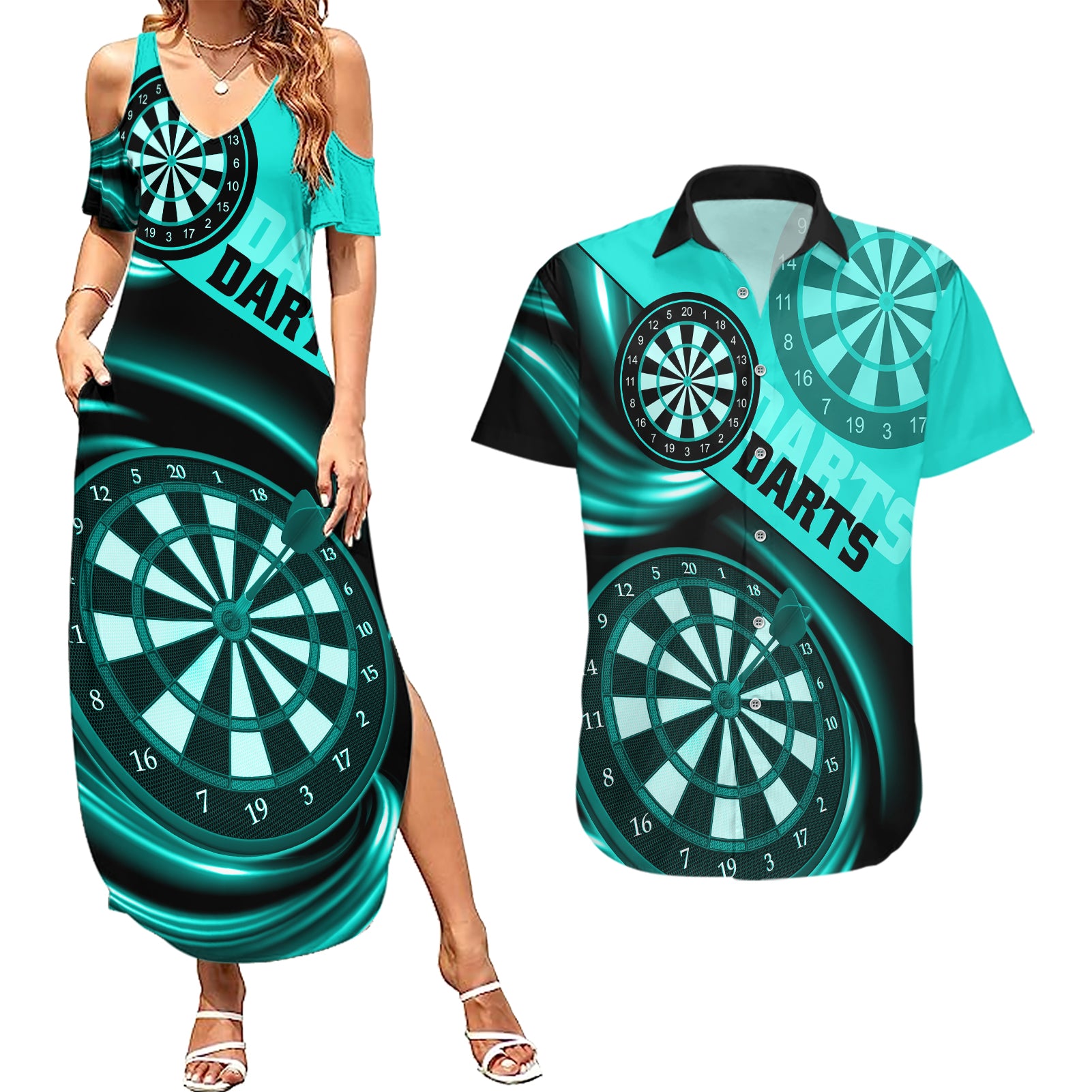 Personalised Darts Couples Matching Summer Maxi Dress and Hawaiian Shirt Turquoise Abstract Light - Wonder Print Shop