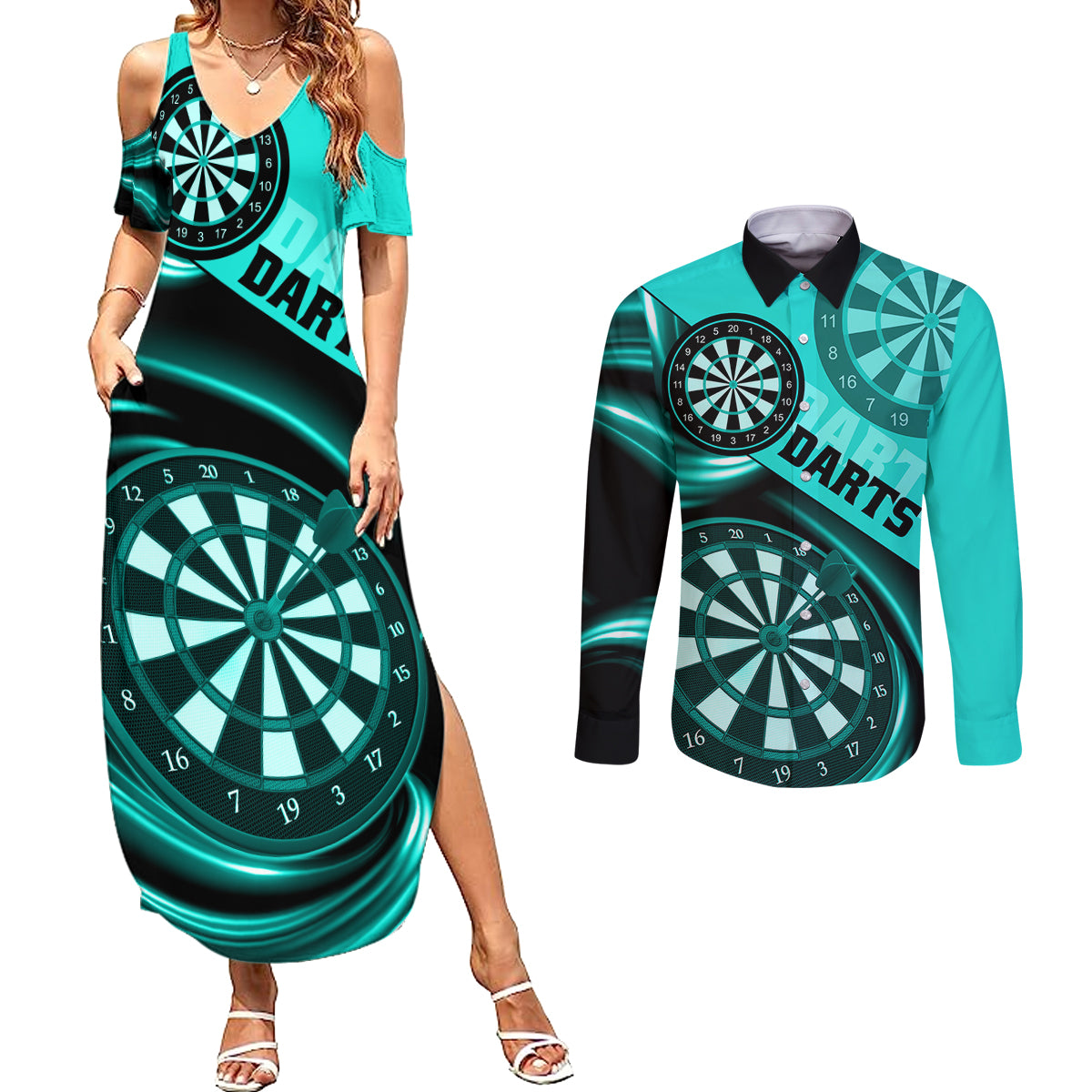 Personalised Darts Couples Matching Summer Maxi Dress and Long Sleeve Button Shirts Turquoise Abstract Light - Wonder Print Shop
