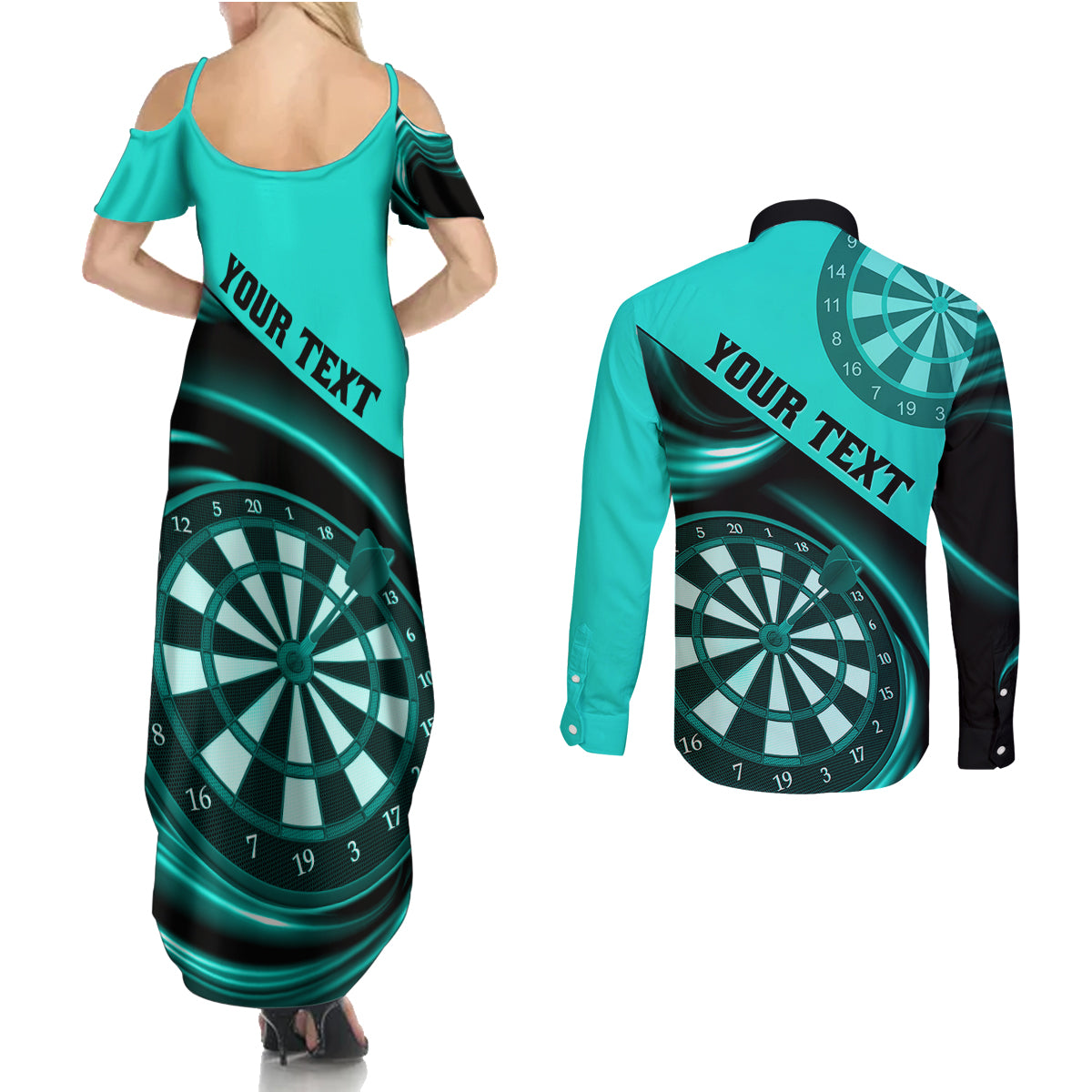 Personalised Darts Couples Matching Summer Maxi Dress and Long Sleeve Button Shirts Turquoise Abstract Light - Wonder Print Shop
