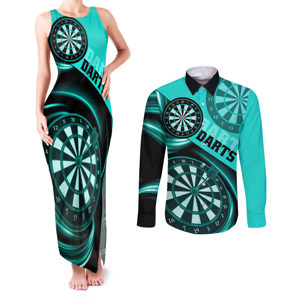 Personalised Darts Couples Matching Tank Maxi Dress and Long Sleeve Button Shirts Turquoise Abstract Light - Wonder Print Shop