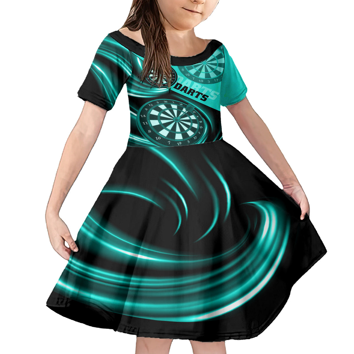 Personalised Darts Family Matching Long Sleeve Bodycon Dress and Hawaiian Shirt Turquoise Abstract Light - Wonder Print Shop