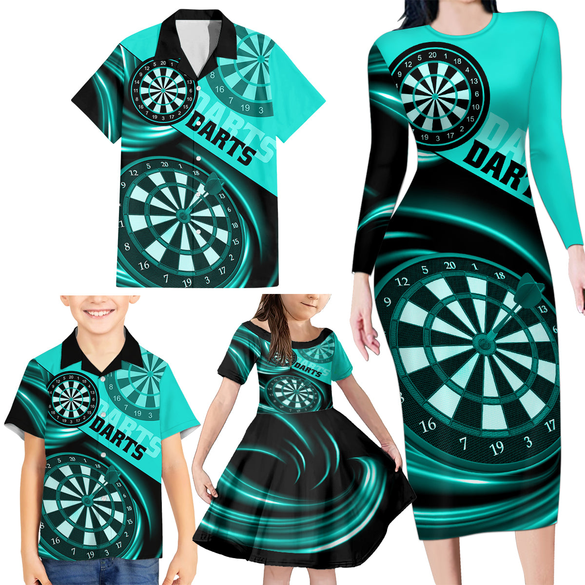 Personalised Darts Family Matching Long Sleeve Bodycon Dress and Hawaiian Shirt Turquoise Abstract Light - Wonder Print Shop