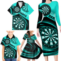 Personalised Darts Family Matching Long Sleeve Bodycon Dress and Hawaiian Shirt Turquoise Abstract Light - Wonder Print Shop