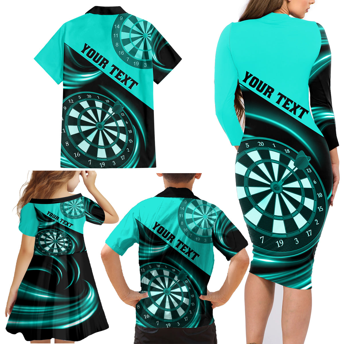 Personalised Darts Family Matching Long Sleeve Bodycon Dress and Hawaiian Shirt Turquoise Abstract Light - Wonder Print Shop