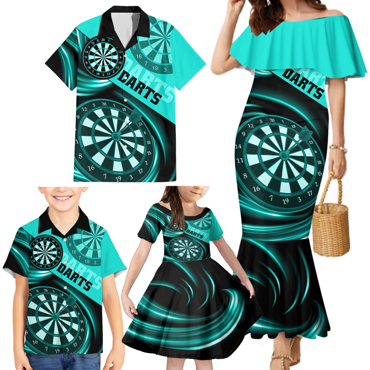 Personalised Darts Family Matching Mermaid Dress and Hawaiian Shirt Turquoise Abstract Light - Wonder Print Shop