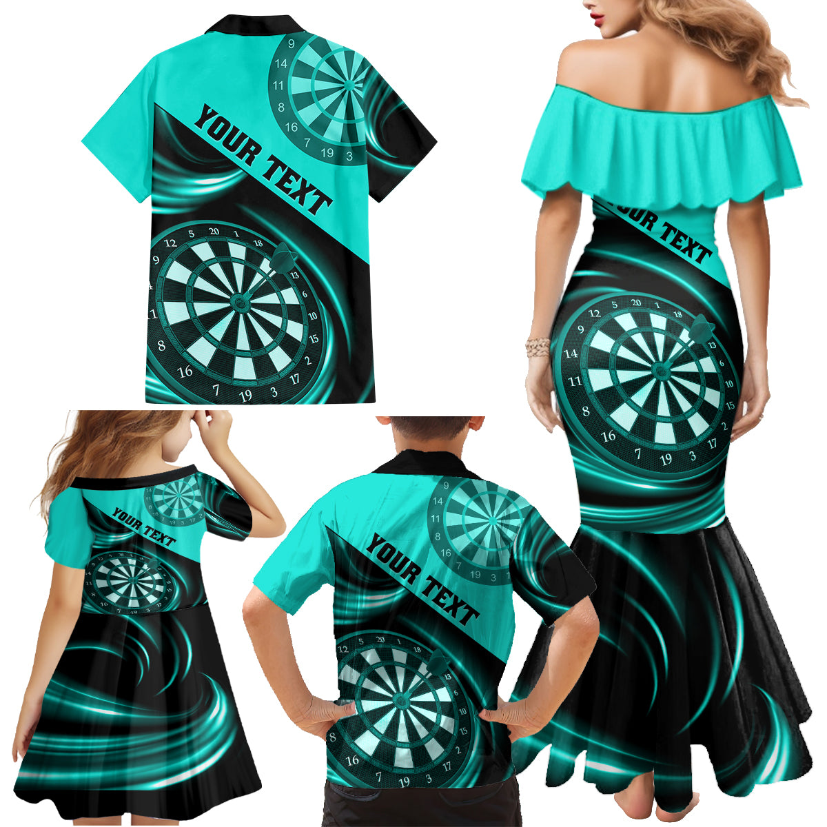 Personalised Darts Family Matching Mermaid Dress and Hawaiian Shirt Turquoise Abstract Light - Wonder Print Shop