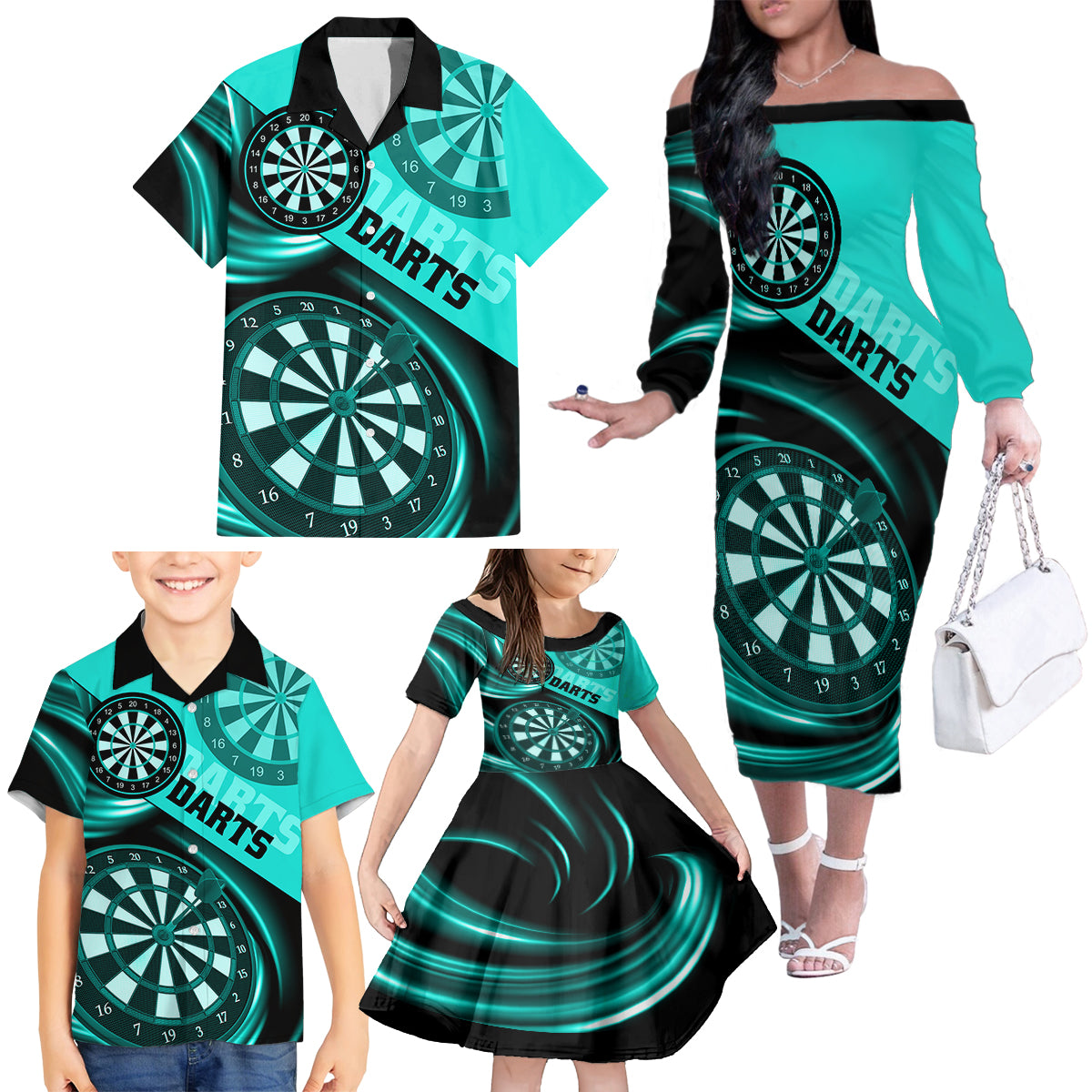 Personalised Darts Family Matching Off Shoulder Long Sleeve Dress and Hawaiian Shirt Turquoise Abstract Light - Wonder Print Shop