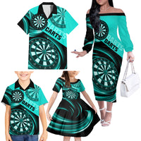 Personalised Darts Family Matching Off Shoulder Long Sleeve Dress and Hawaiian Shirt Turquoise Abstract Light - Wonder Print Shop