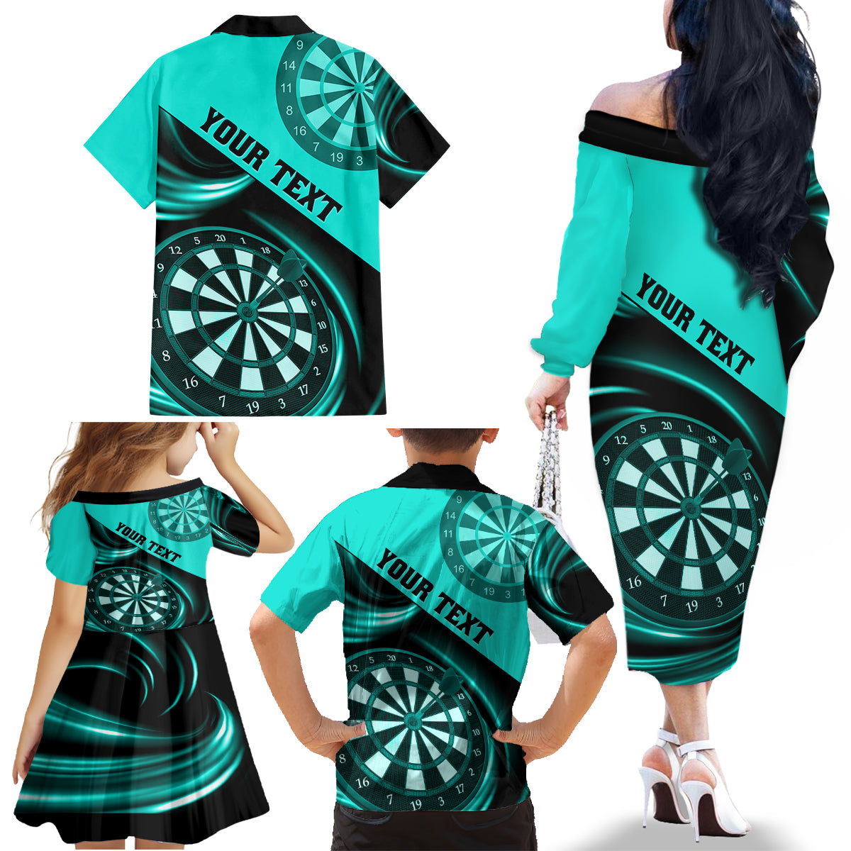 Personalised Darts Family Matching Off Shoulder Long Sleeve Dress and Hawaiian Shirt Turquoise Abstract Light - Wonder Print Shop