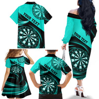 Personalised Darts Family Matching Off Shoulder Long Sleeve Dress and Hawaiian Shirt Turquoise Abstract Light - Wonder Print Shop
