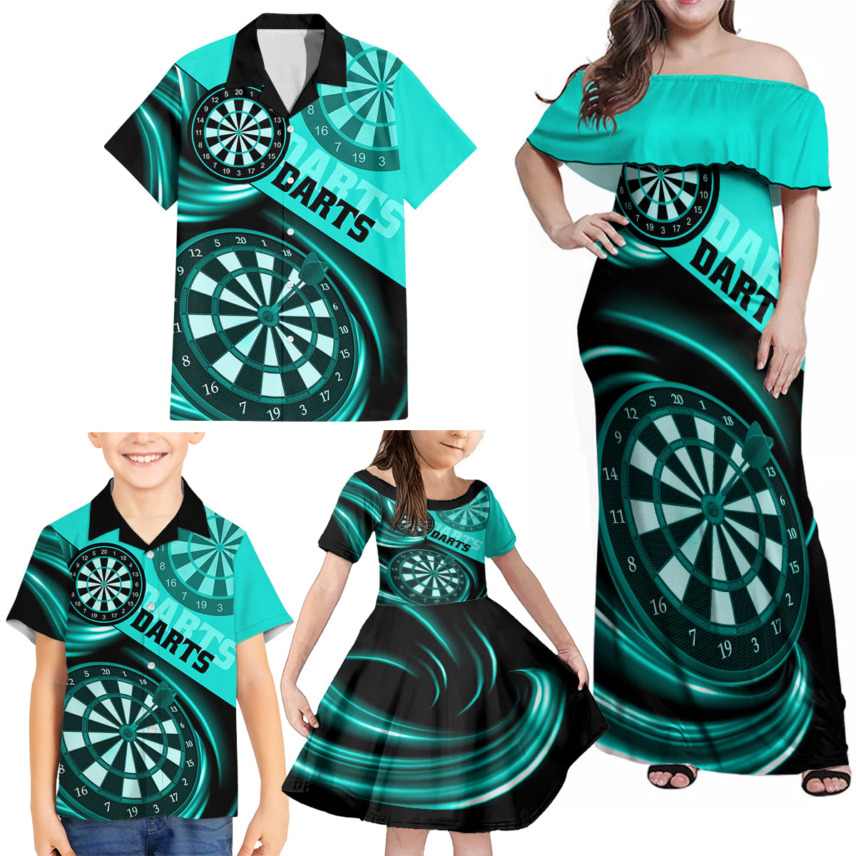 Personalised Darts Family Matching Off Shoulder Maxi Dress and Hawaiian Shirt Turquoise Abstract Light - Wonder Print Shop