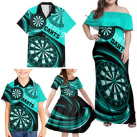 Personalised Darts Family Matching Off Shoulder Maxi Dress and Hawaiian Shirt Turquoise Abstract Light - Wonder Print Shop