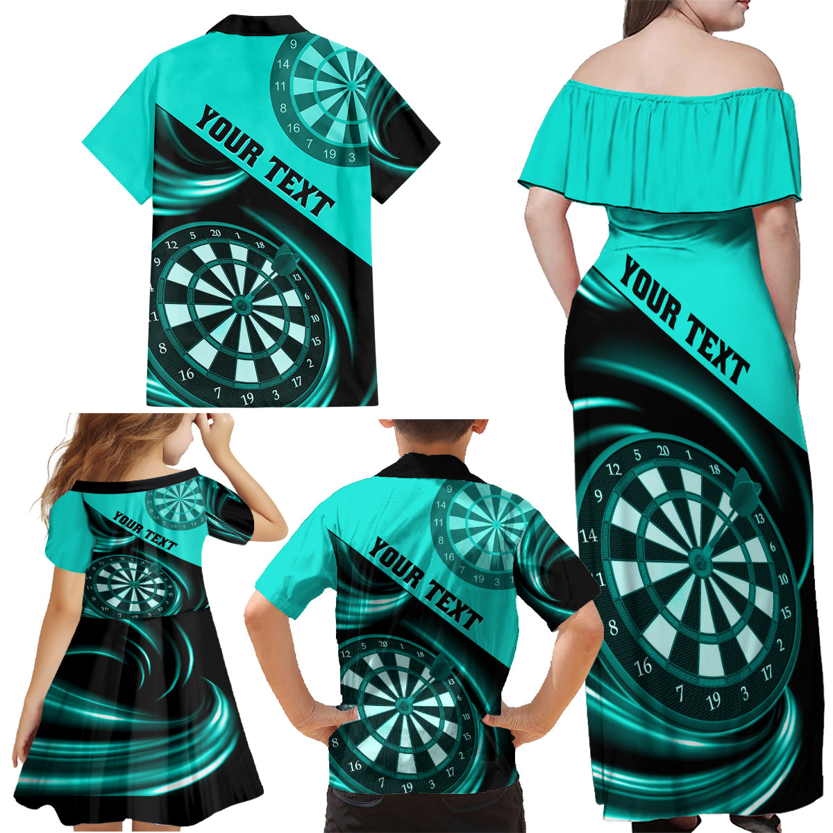 Personalised Darts Family Matching Off Shoulder Maxi Dress and Hawaiian Shirt Turquoise Abstract Light - Wonder Print Shop