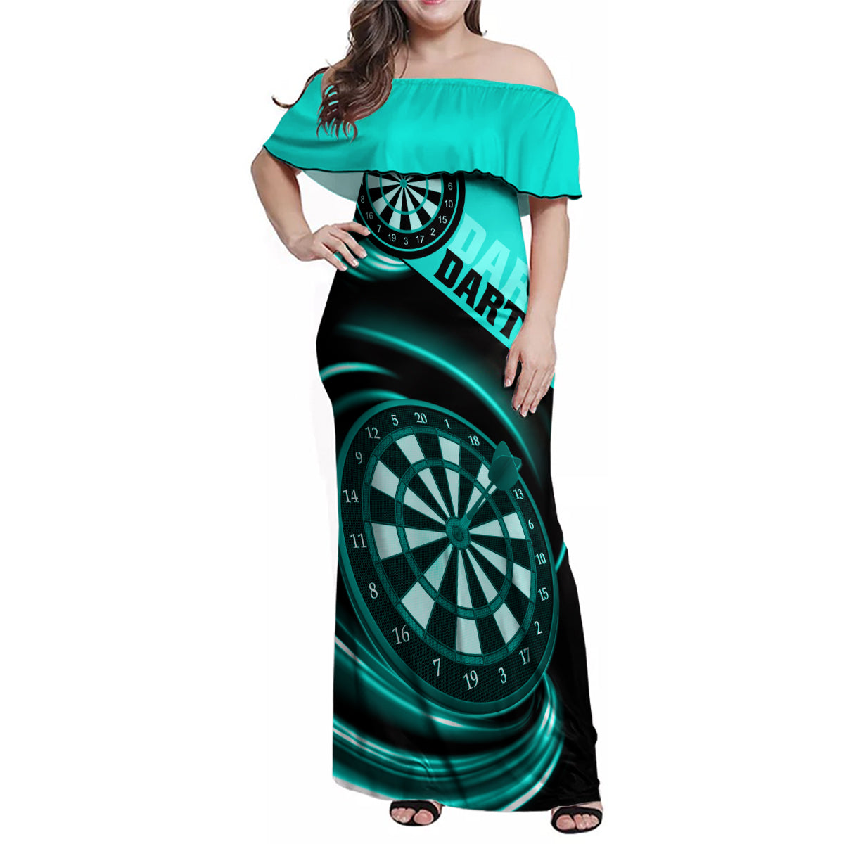 Personalised Darts Family Matching Off Shoulder Maxi Dress and Hawaiian Shirt Turquoise Abstract Light - Wonder Print Shop