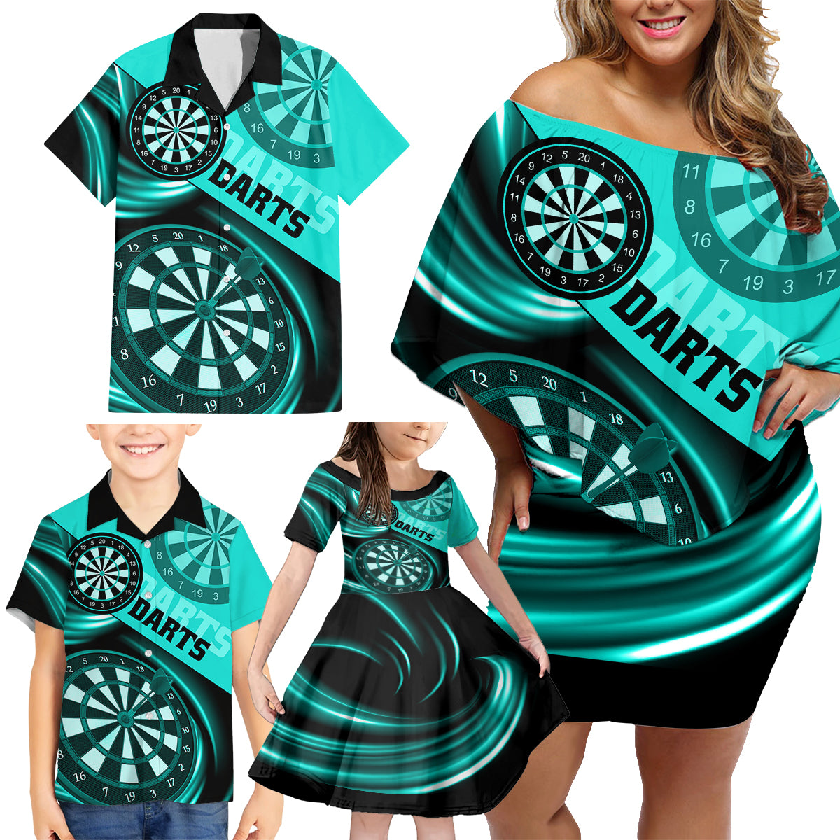 Personalised Darts Family Matching Off Shoulder Short Dress and Hawaiian Shirt Turquoise Abstract Light - Wonder Print Shop