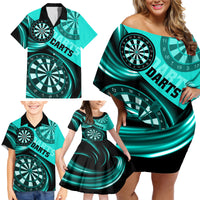 Personalised Darts Family Matching Off Shoulder Short Dress and Hawaiian Shirt Turquoise Abstract Light - Wonder Print Shop