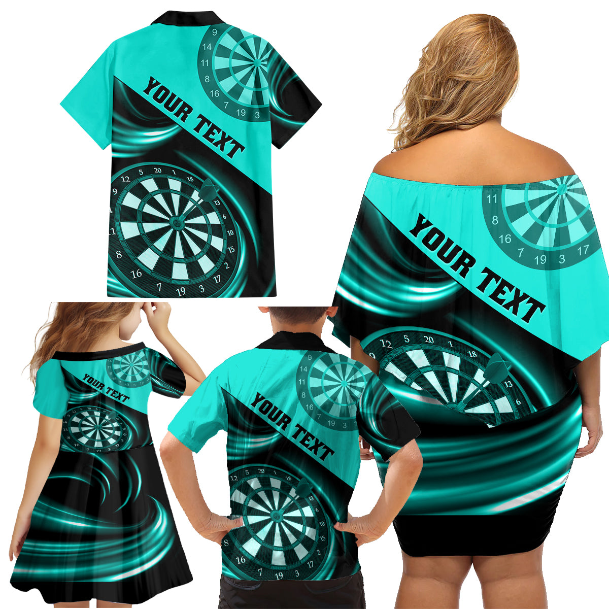 Personalised Darts Family Matching Off Shoulder Short Dress and Hawaiian Shirt Turquoise Abstract Light - Wonder Print Shop