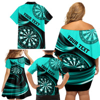Personalised Darts Family Matching Off Shoulder Short Dress and Hawaiian Shirt Turquoise Abstract Light - Wonder Print Shop