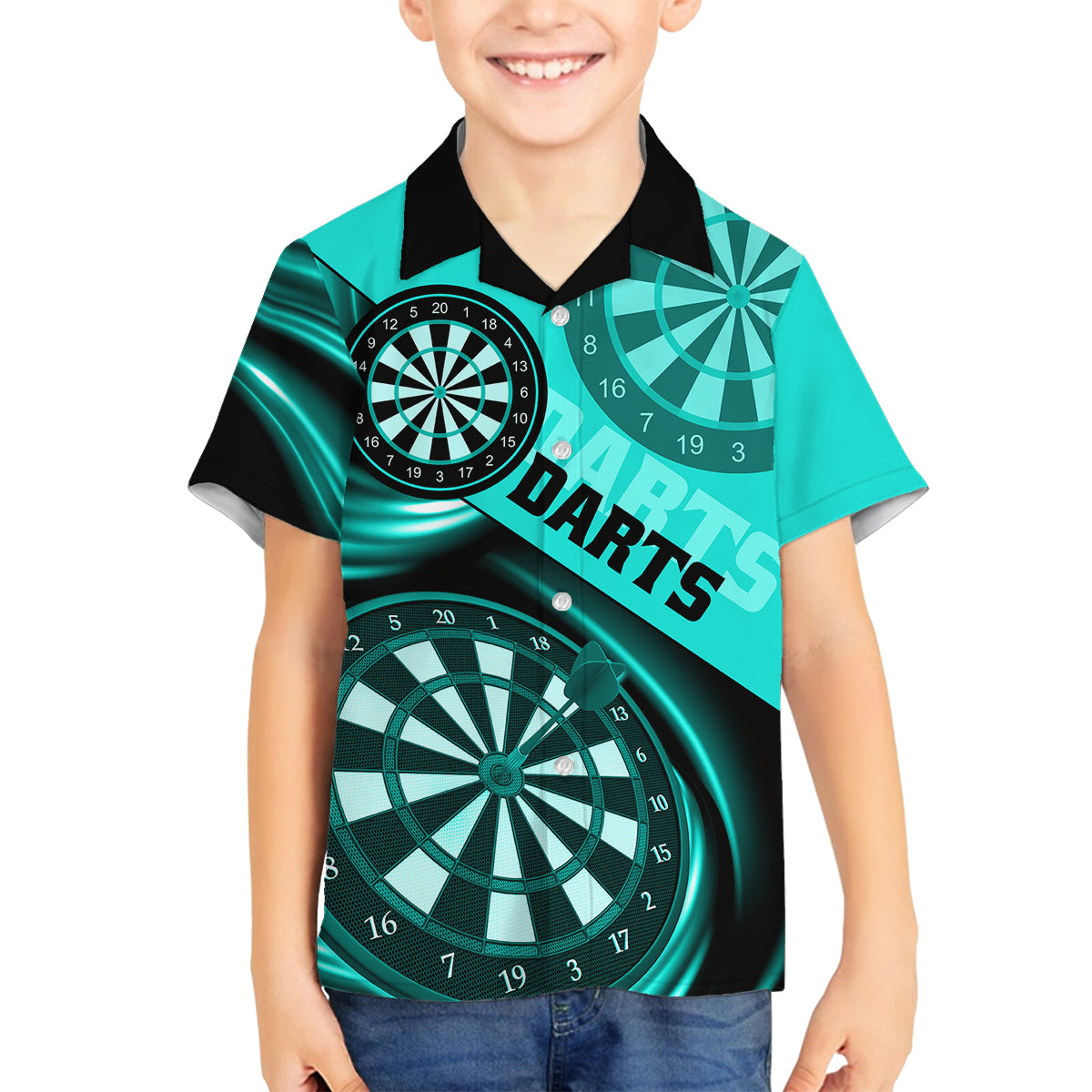 Personalised Darts Family Matching Off Shoulder Short Dress and Hawaiian Shirt Turquoise Abstract Light - Wonder Print Shop