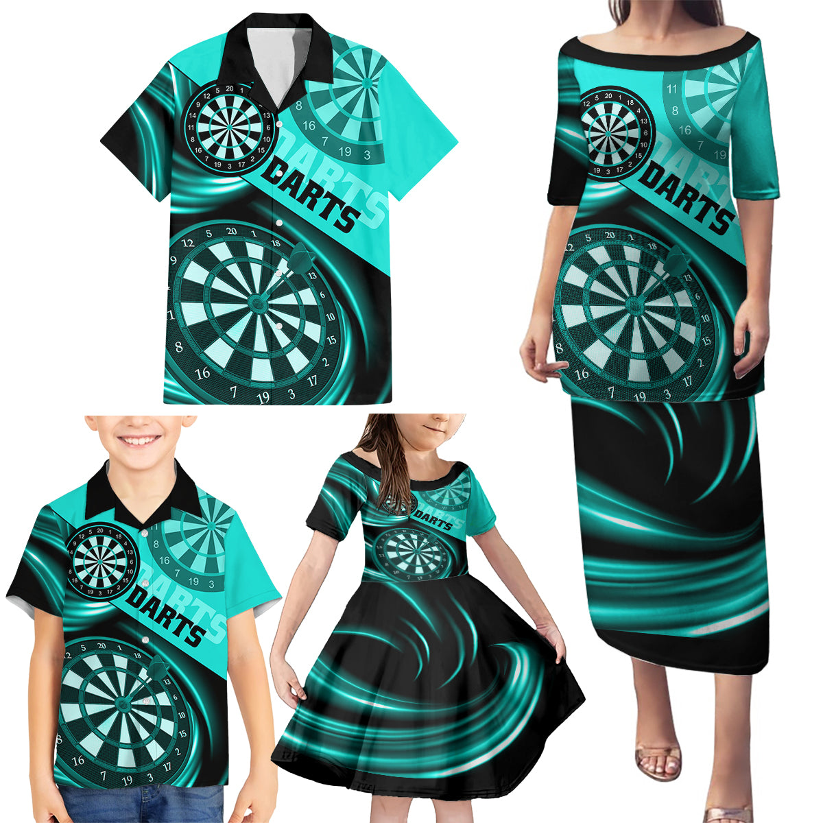 Personalised Darts Family Matching Puletasi Dress and Hawaiian Shirt Turquoise Abstract Light - Wonder Print Shop
