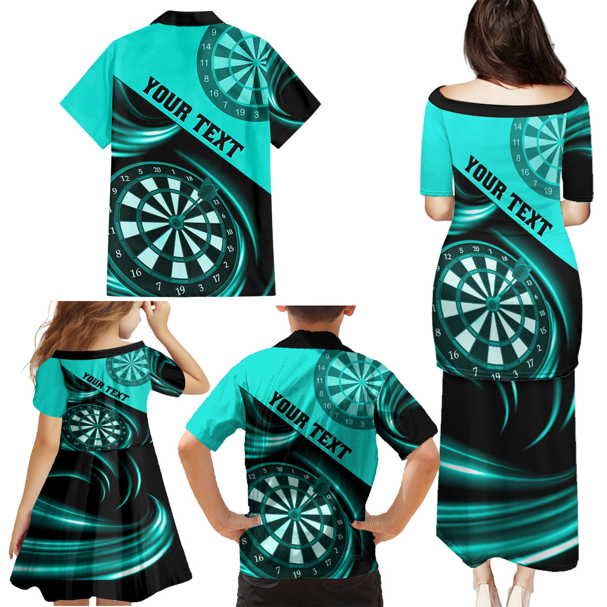 Personalised Darts Family Matching Puletasi Dress and Hawaiian Shirt Turquoise Abstract Light - Wonder Print Shop