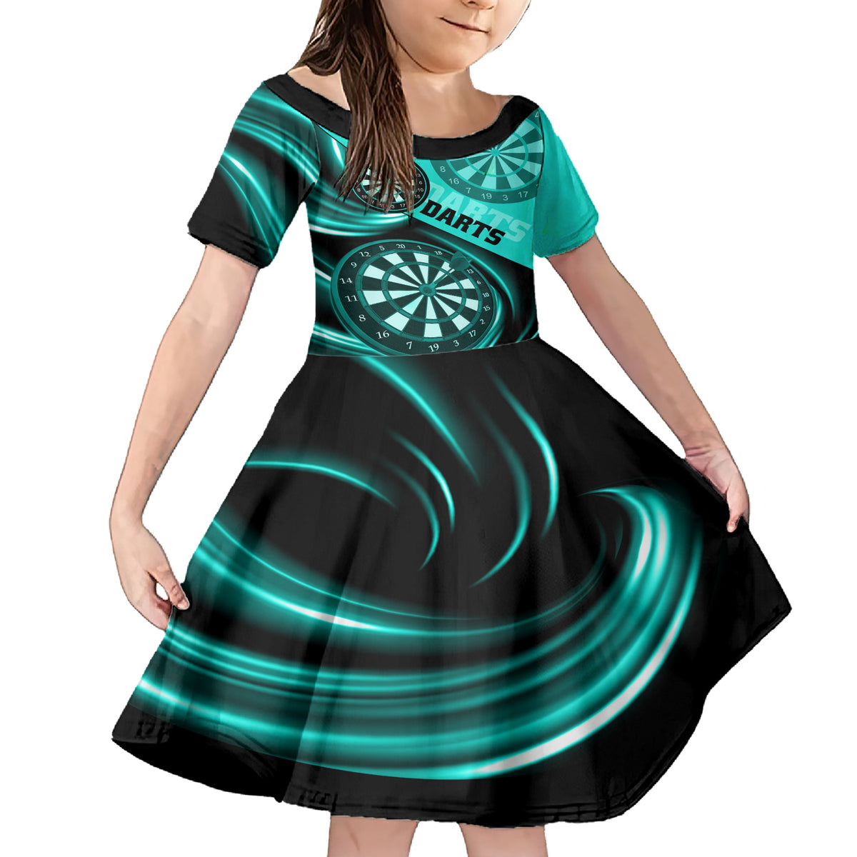 Personalised Darts Family Matching Short Sleeve Bodycon Dress and Hawaiian Shirt Turquoise Abstract Light - Wonder Print Shop