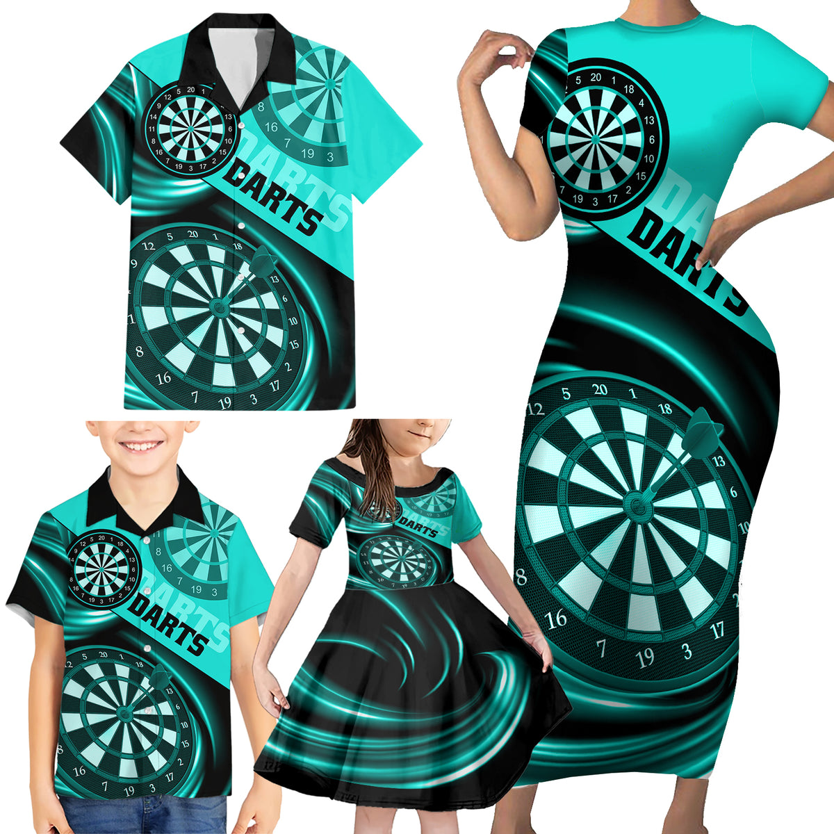 Personalised Darts Family Matching Short Sleeve Bodycon Dress and Hawaiian Shirt Turquoise Abstract Light - Wonder Print Shop