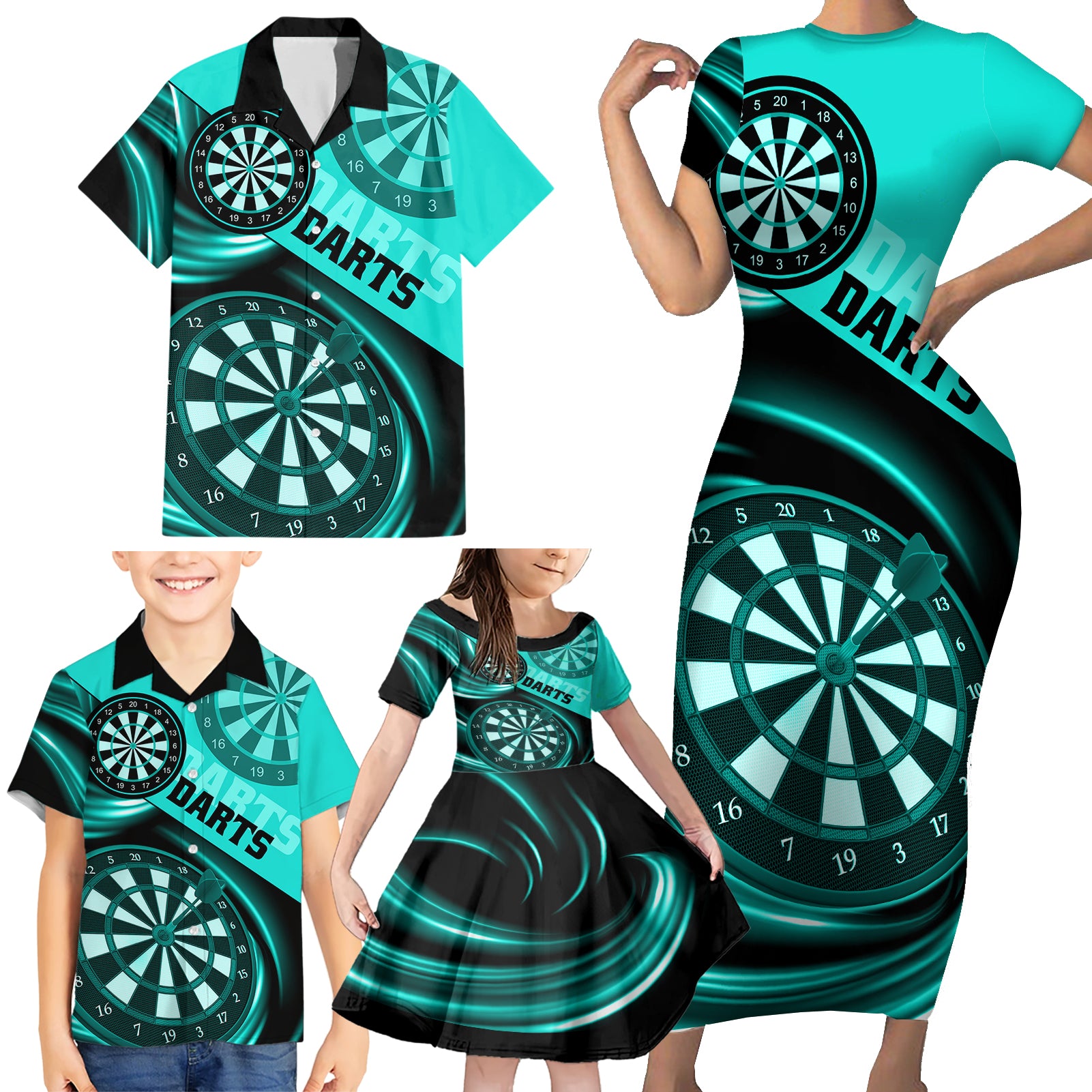 Personalised Darts Family Matching Short Sleeve Bodycon Dress and Hawaiian Shirt Turquoise Abstract Light - Wonder Print Shop
