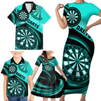 Personalised Darts Family Matching Short Sleeve Bodycon Dress and Hawaiian Shirt Turquoise Abstract Light - Wonder Print Shop