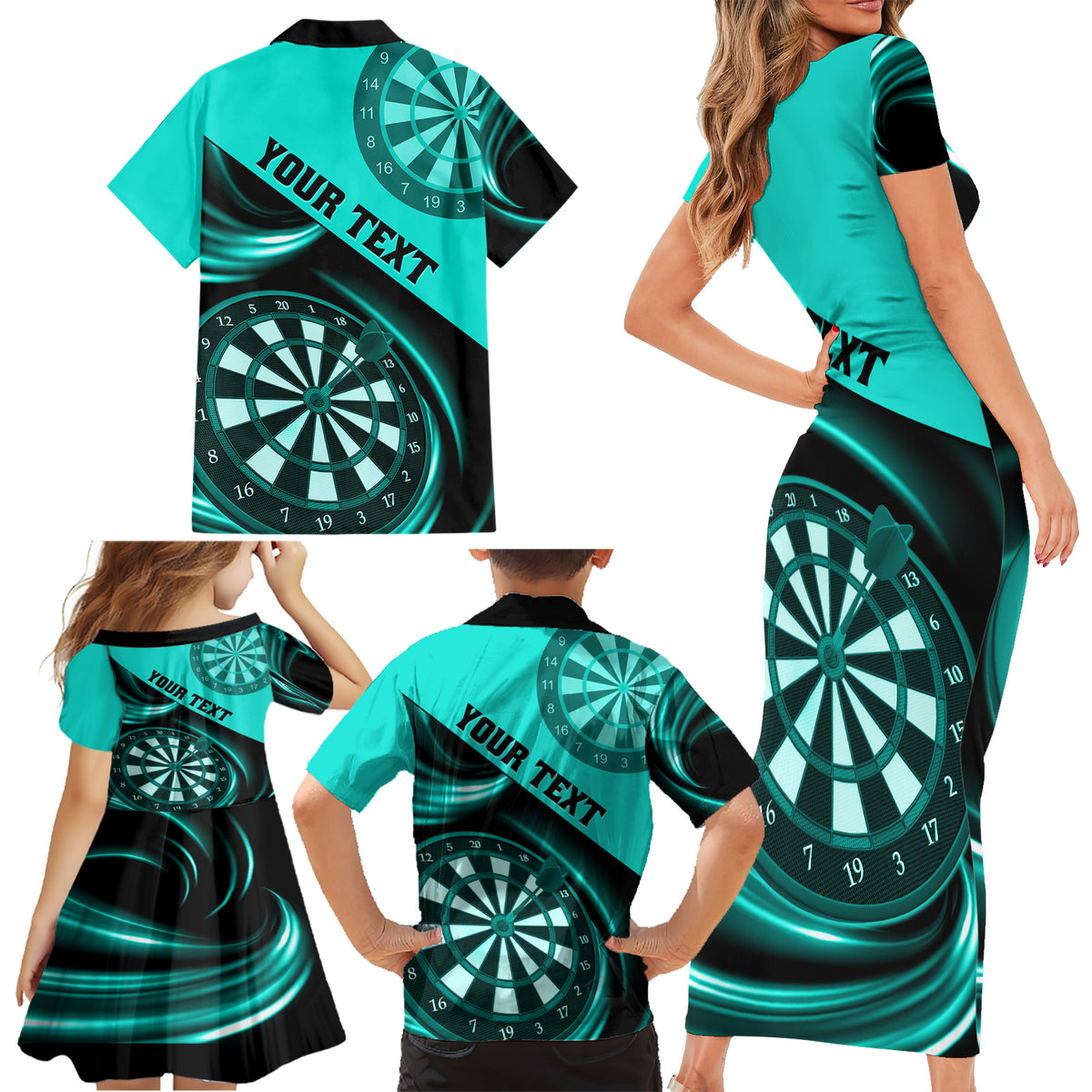 Personalised Darts Family Matching Short Sleeve Bodycon Dress and Hawaiian Shirt Turquoise Abstract Light - Wonder Print Shop