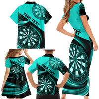Personalised Darts Family Matching Short Sleeve Bodycon Dress and Hawaiian Shirt Turquoise Abstract Light - Wonder Print Shop