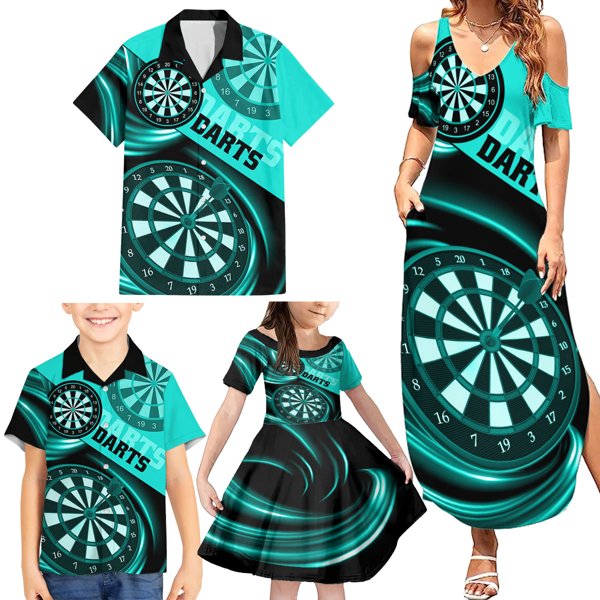 Personalised Darts Family Matching Summer Maxi Dress and Hawaiian Shirt Turquoise Abstract Light - Wonder Print Shop