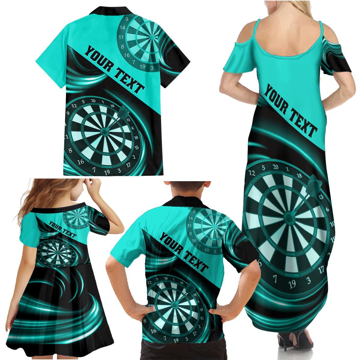 Personalised Darts Family Matching Summer Maxi Dress and Hawaiian Shirt Turquoise Abstract Light - Wonder Print Shop