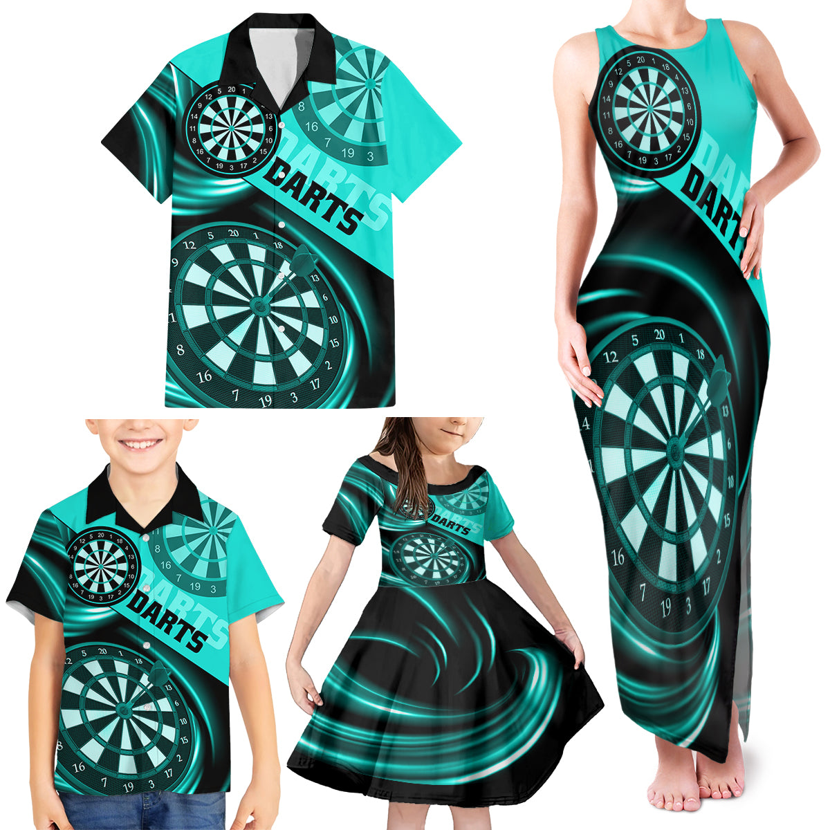 Personalised Darts Family Matching Tank Maxi Dress and Hawaiian Shirt Turquoise Abstract Light - Wonder Print Shop