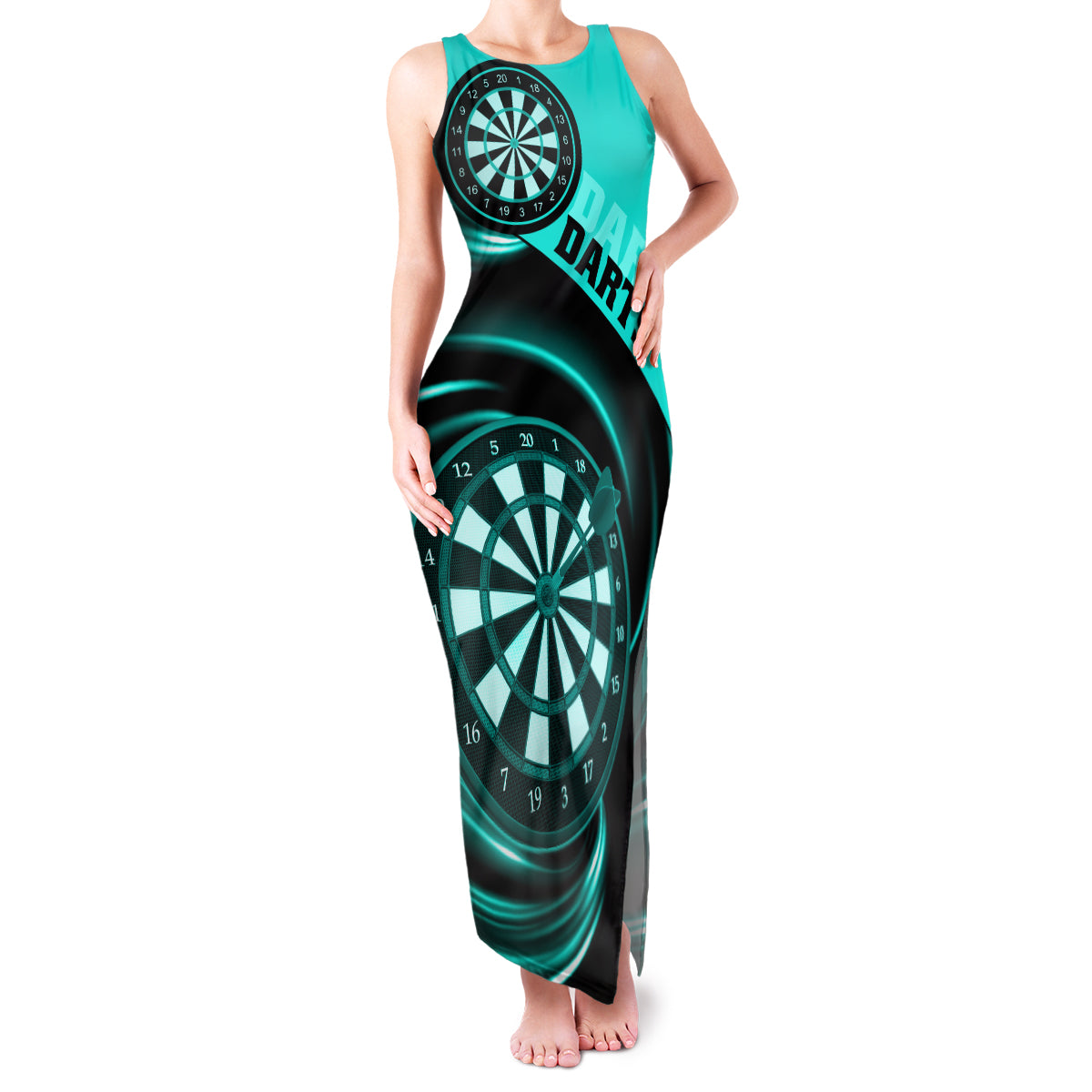 Personalised Darts Family Matching Tank Maxi Dress and Hawaiian Shirt Turquoise Abstract Light - Wonder Print Shop