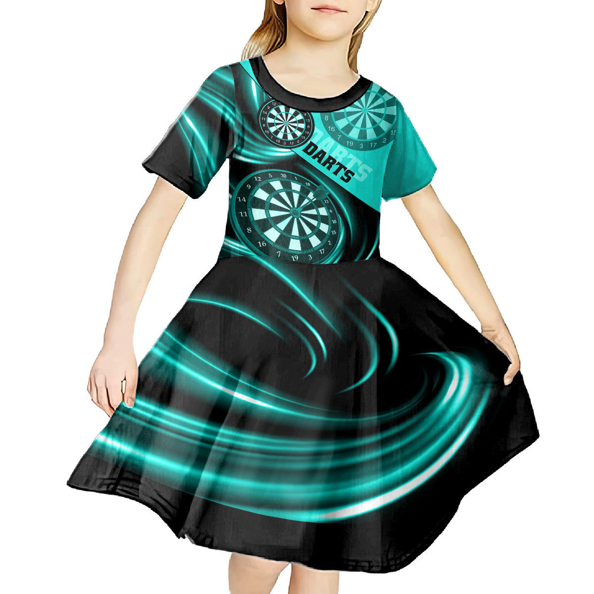 Personalised Darts Kid Short Sleeve Dress Turquoise Abstract Light - Wonder Print Shop