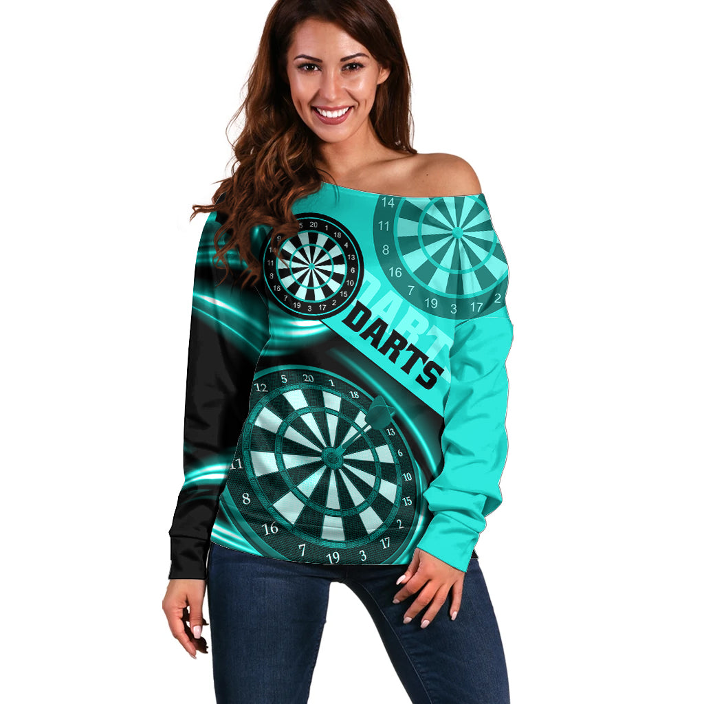 Personalised Darts Off Shoulder Sweater Turquoise Abstract Light - Wonder Print Shop