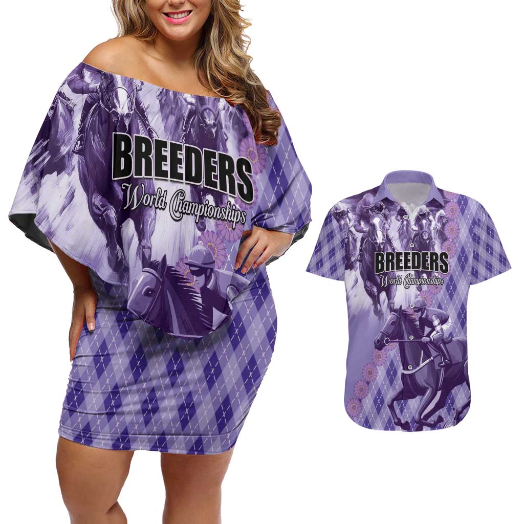Personalized Breeders Horse Racing Couples Matching Off Shoulder Short Dress and Hawaiian Shirt World Horse Racing Championships - Wonder Print Shop