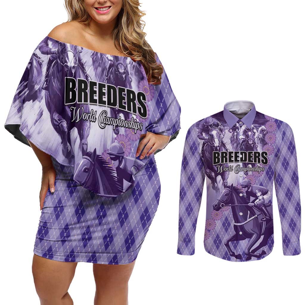 Personalized Breeders Horse Racing Couples Matching Off Shoulder Short Dress and Long Sleeve Button Shirt World Horse Racing Championships - Wonder Print Shop