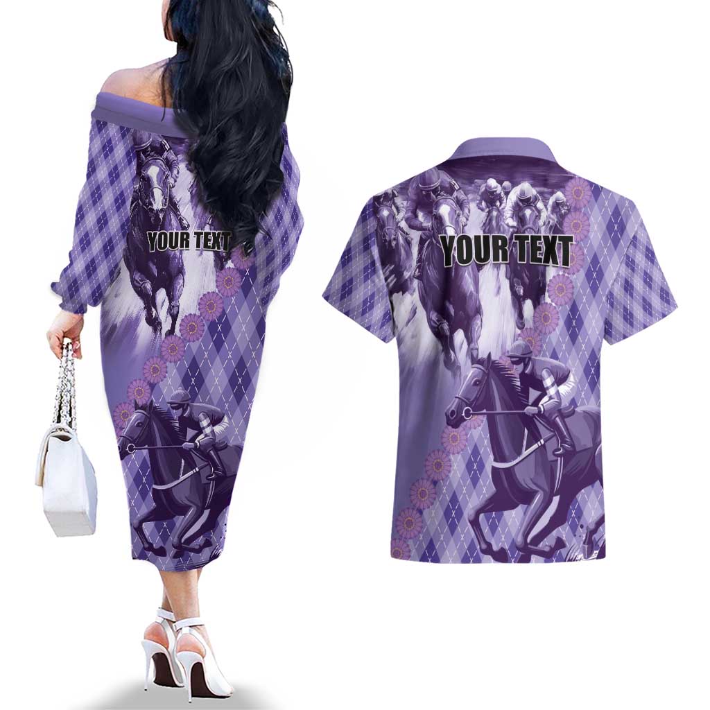 Personalized Breeders Horse Racing Couples Matching Off The Shoulder Long Sleeve Dress and Hawaiian Shirt World Horse Racing Championships - Wonder Print Shop