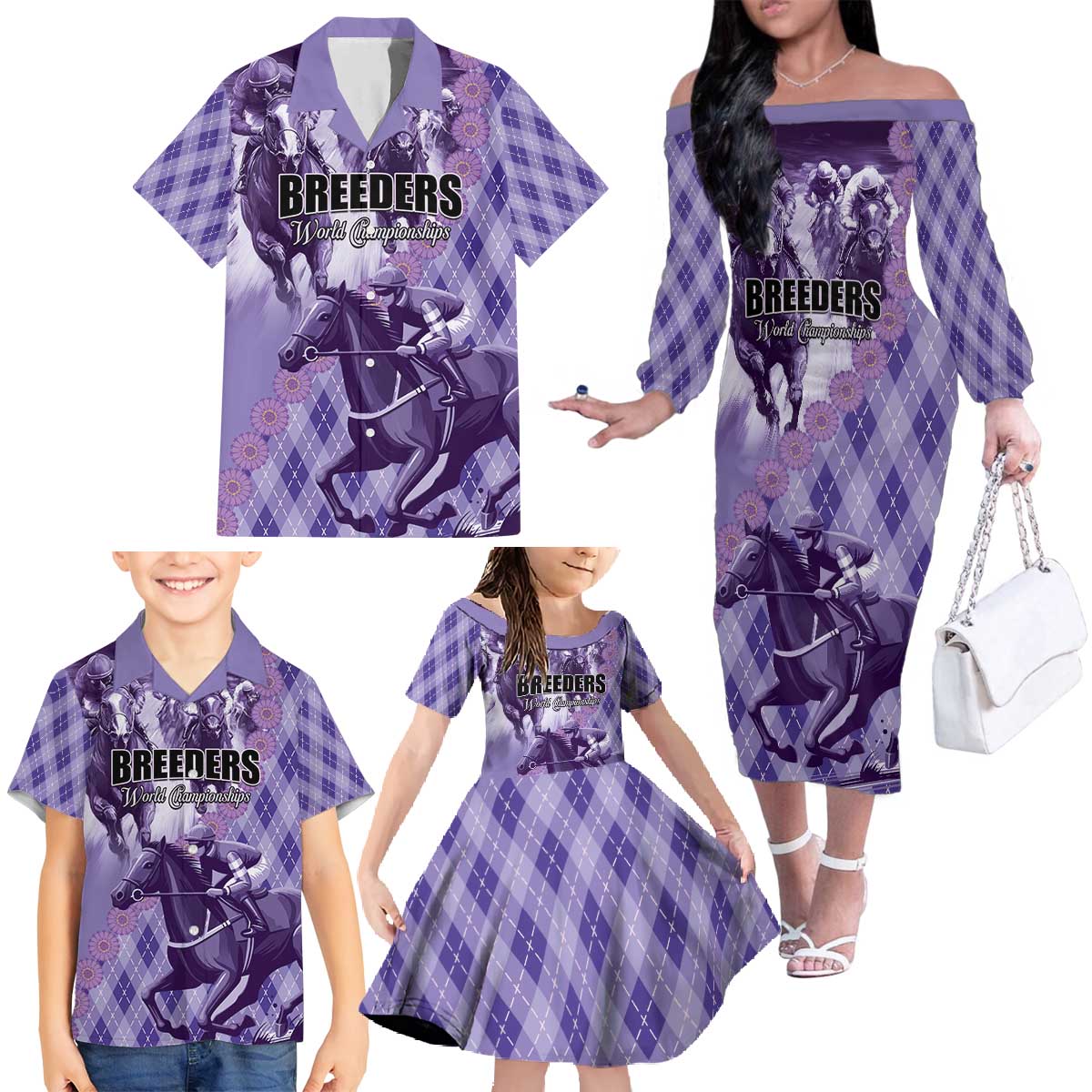 Personalized Breeders Horse Racing Family Matching Off The Shoulder Long Sleeve Dress and Hawaiian Shirt World Horse Racing Championships - Wonder Print Shop