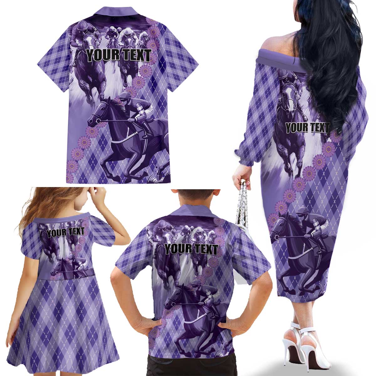 Personalized Breeders Horse Racing Family Matching Off The Shoulder Long Sleeve Dress and Hawaiian Shirt World Horse Racing Championships - Wonder Print Shop