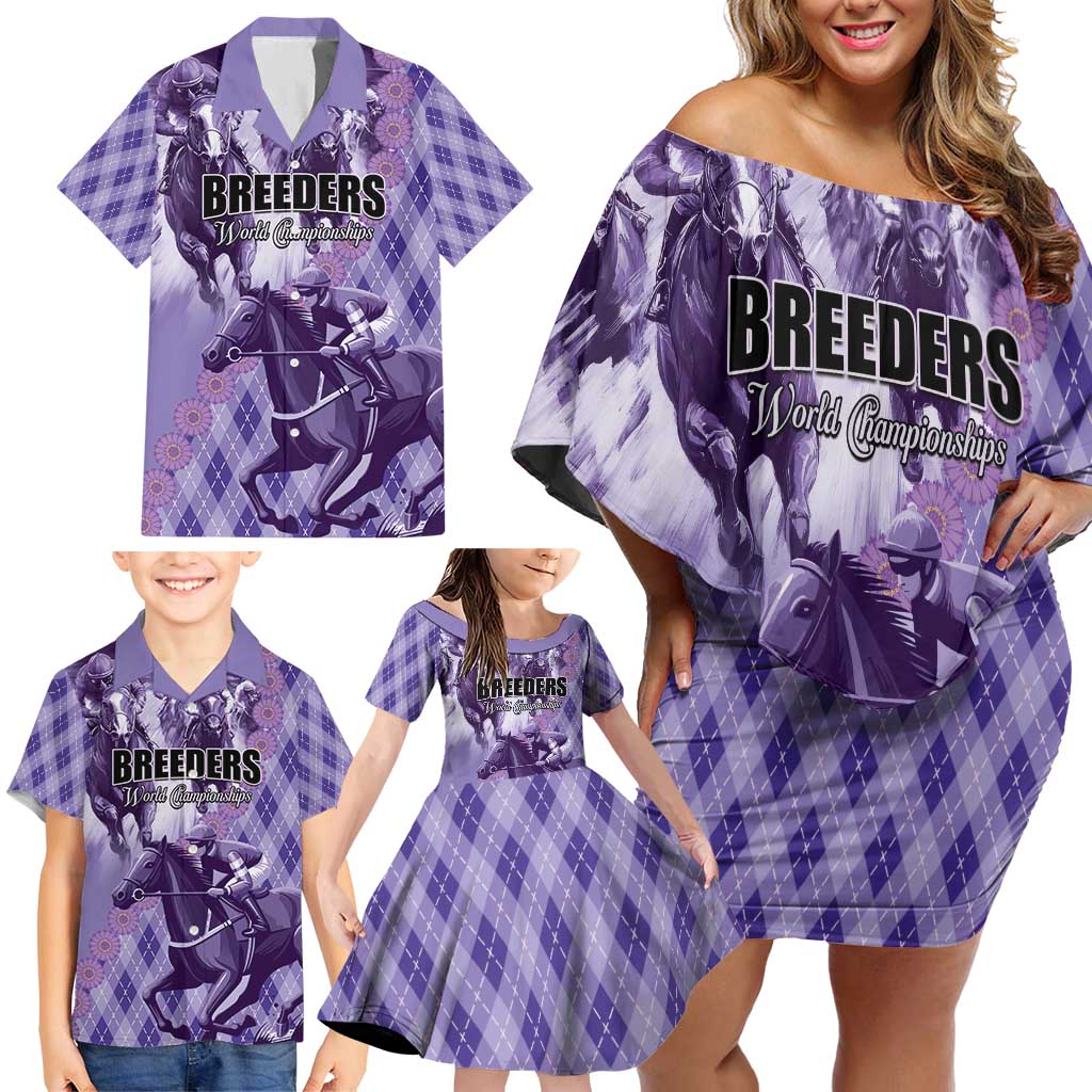 Personalized Breeders Horse Racing Family Matching Off Shoulder Short Dress and Hawaiian Shirt World Horse Racing Championships - Wonder Print Shop