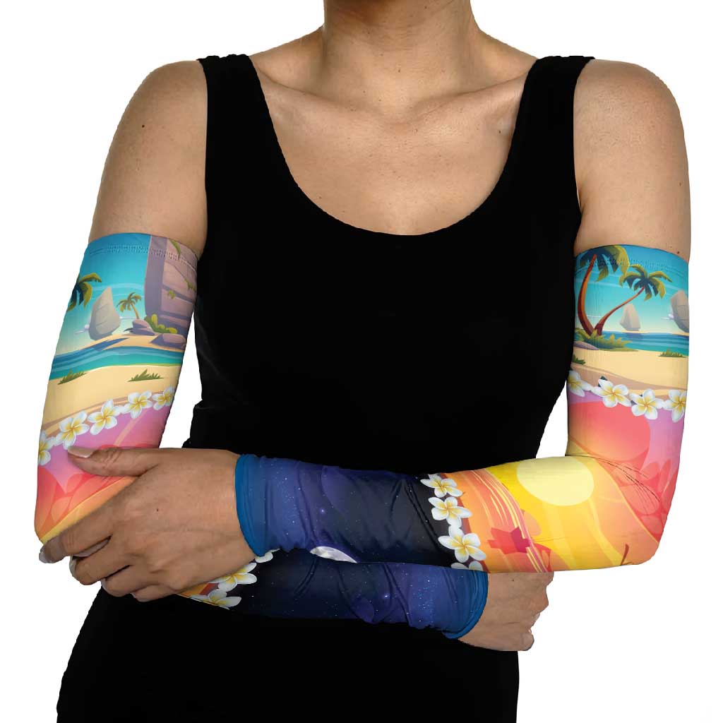 Hawaii Beach Landscape Time-Lapse Arm Sleeves Tropical Plumeria Flowers - Wonder Print Shop