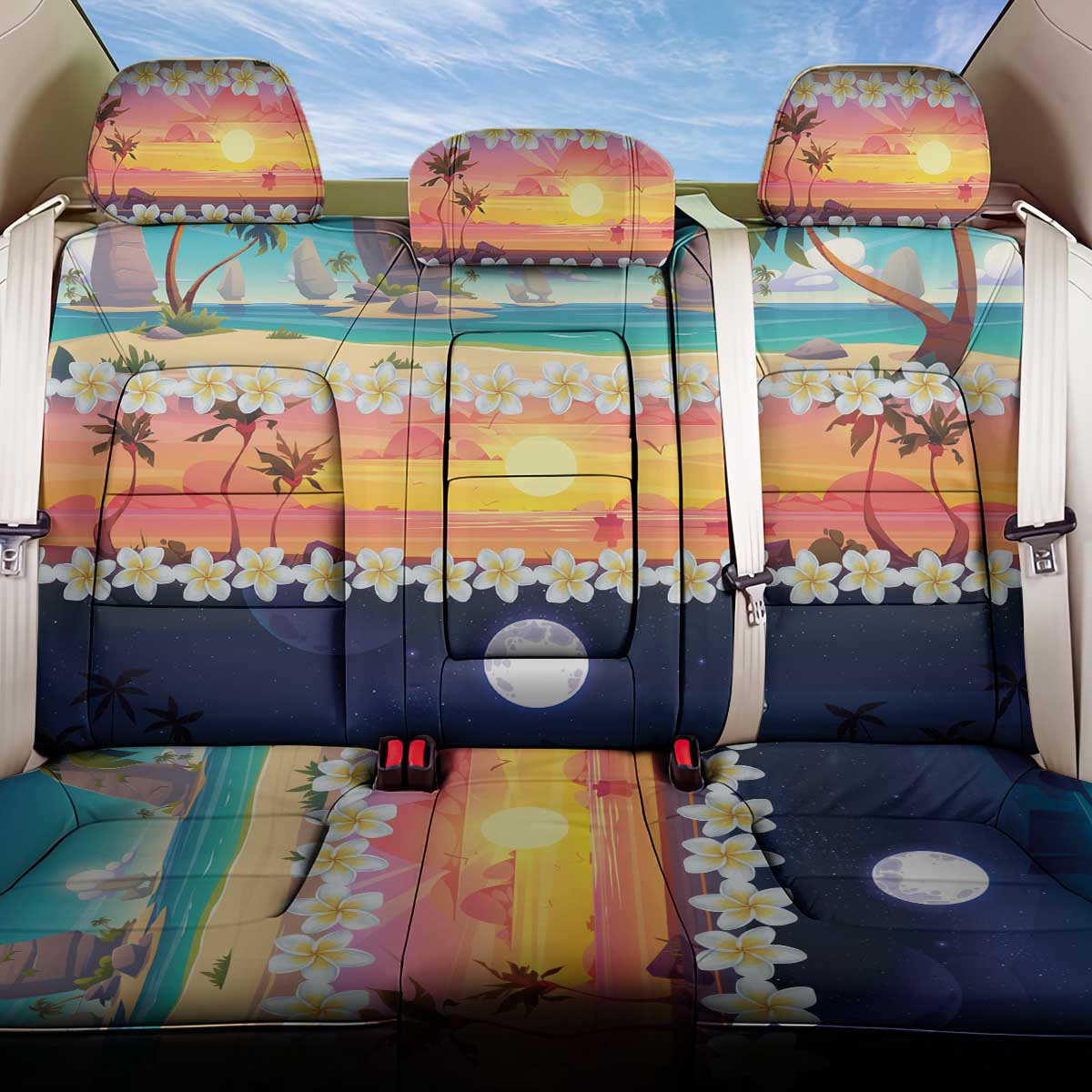 Hawaii Beach Landscape Time-Lapse Back Car Seat Cover Tropical Plumeria Flowers - Wonder Print Shop