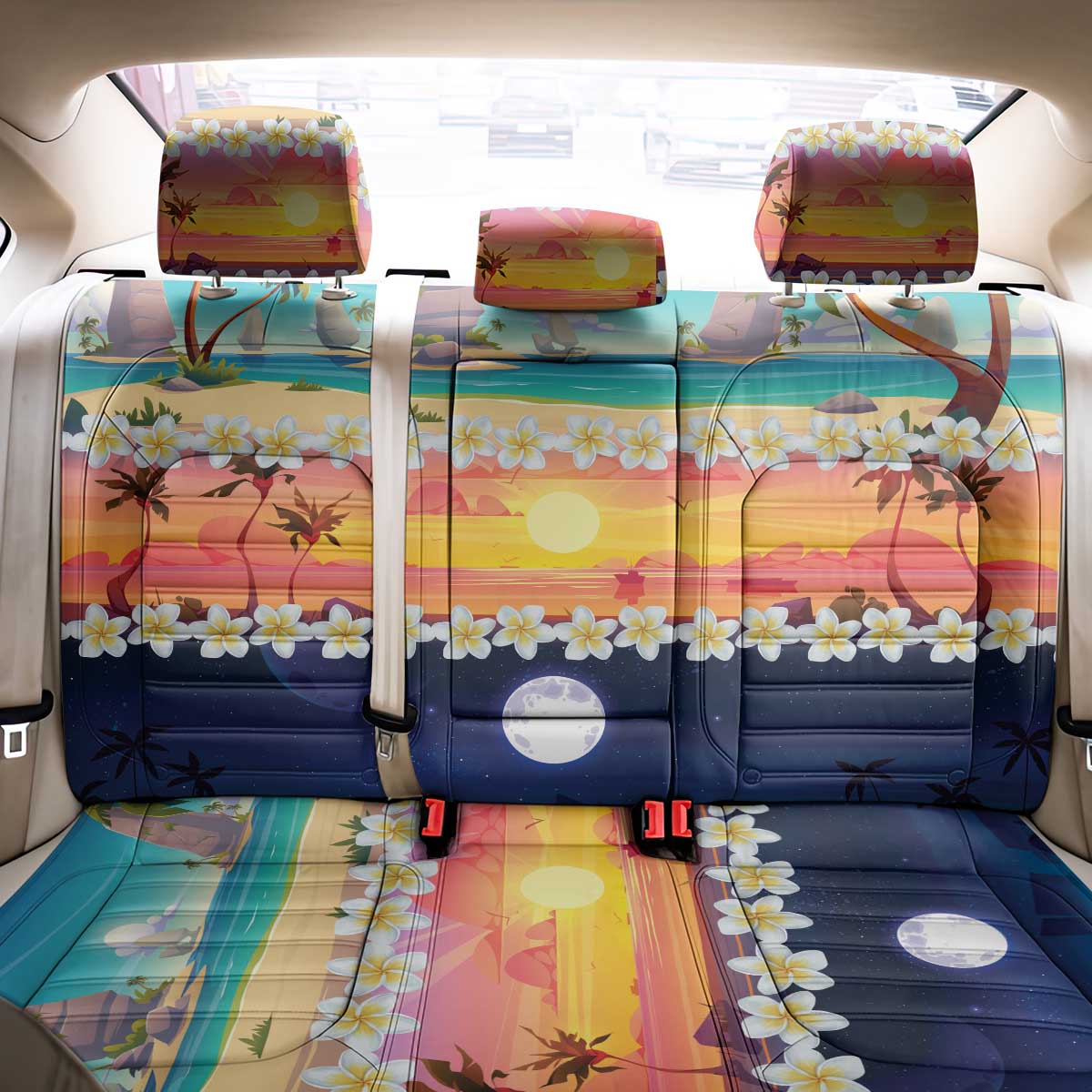 Hawaii Beach Landscape Time-Lapse Back Car Seat Cover Tropical Plumeria Flowers - Wonder Print Shop