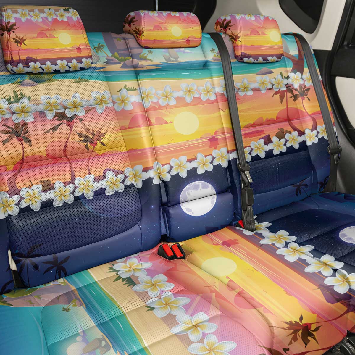 Hawaii Beach Landscape Time-Lapse Back Car Seat Cover Tropical Plumeria Flowers - Wonder Print Shop