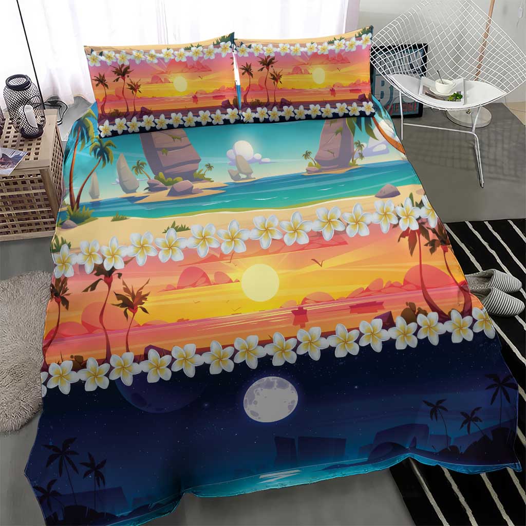Hawaii Beach Landscape Time-Lapse Bedding Set Tropical Plumeria Flowers - Wonder Print Shop